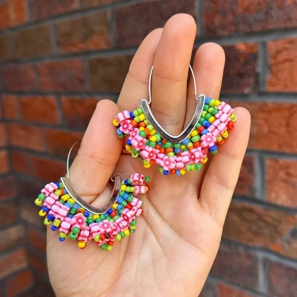 Anthropologie Multi Colored Beaded Hoop Earrings - Picture 4 of 11